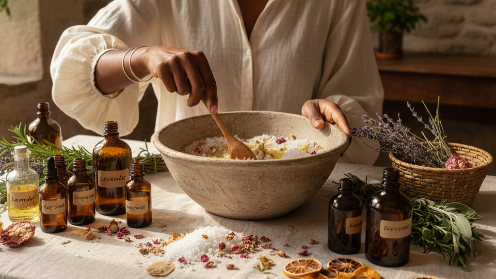 woman blending organic herbs and mineral salts